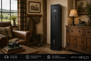 3 Gun Cabinet Compare for Best Starter Gun Cabinet - HuntGuard Rangemore 3 Gun Lifestyle Image Door Closed - Gun Cabinets Online