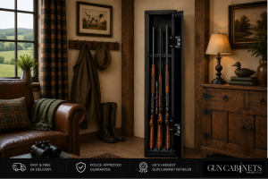 3 Gun Cabinet Compare for Best Starter Gun Cabinet - HuntGuard Rangemore 3 Gun Lifestyle Image Door Open - Gun Cabinets Online