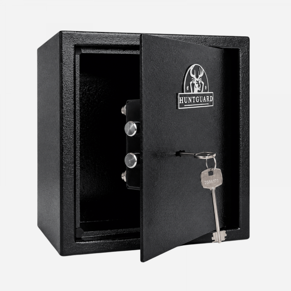 HuntGuard Large Key Access Ammunition Cabinet Locker Black - Front Door Partial Open - Gun Cabinets Online