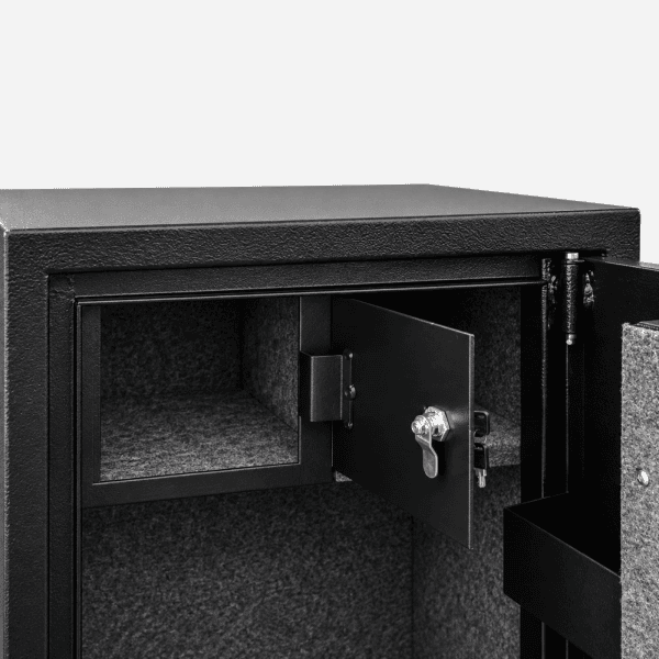 HuntGuard Highlander 18 Gun Digital Keypad Gun Cabinet Safe - Internal Ammunition Locker Door Open
